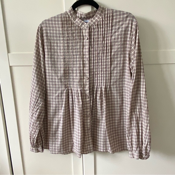 Uniqlo Tops - Uniqlo 100% Cotton Classic Beige Plaid Button-Up Shirt with Mauve & Navy Stripes
